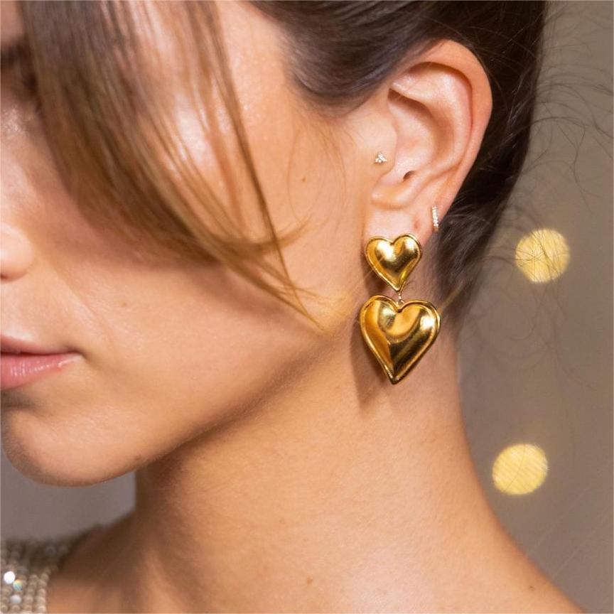 Spot European & American Style 18k Gold Love Pendant Double Heart Stainless Steel Earrings