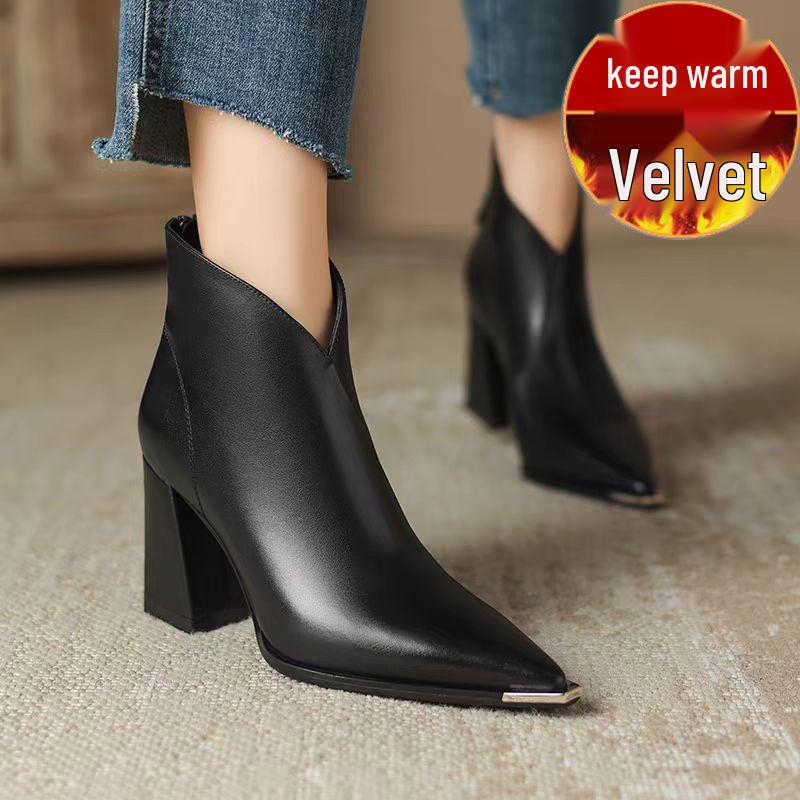 2025 Women's Pointed Toe Chunky Heeled Ankle Boots - Autumn/Winter Velvet Martin Style, Petite French Skinny