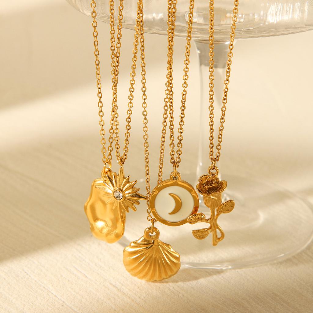 Fashion Versatile Women Necklace Rose Flower Eight Pointed Star Moon Scallop Titanium Steel Pendant Jewelry