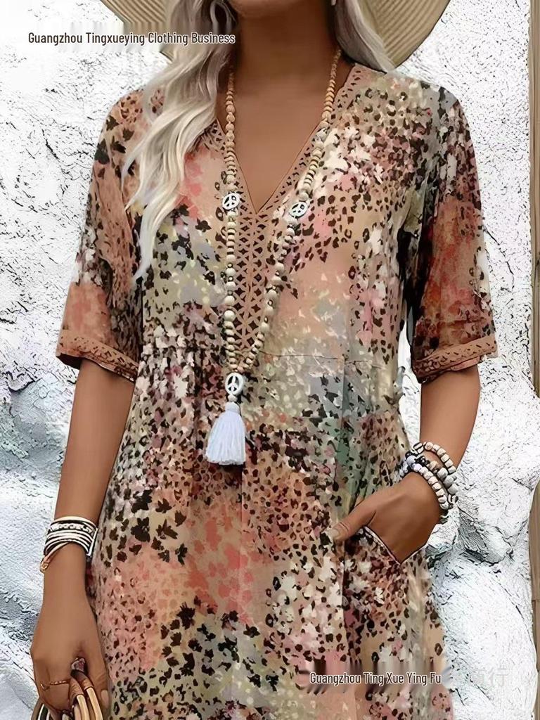 Nuevo Vestido Estampado con Escote en V y Ribete de Encaje Estilo Europeo y Americano