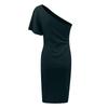 Women's Short Sleeve Midi Color Sexy Slanted Shoulder Slim Fit Pleated Hip Dress