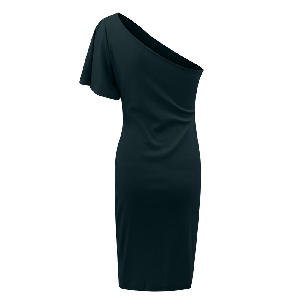 Women's Short Sleeve Midi Color Sexy Slanted Shoulder Slim Fit Pleated Hip Dress