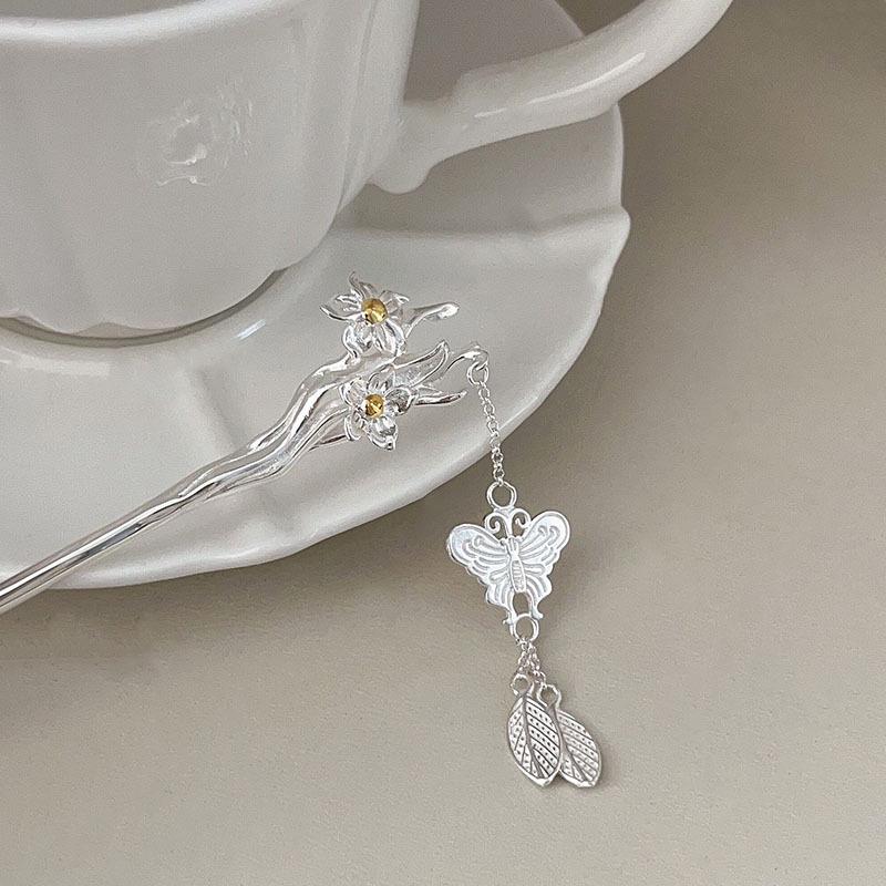 Sterling Silver Narcissus Tassel Hairpin: Modern Chinese Hanfu Updo Accessory