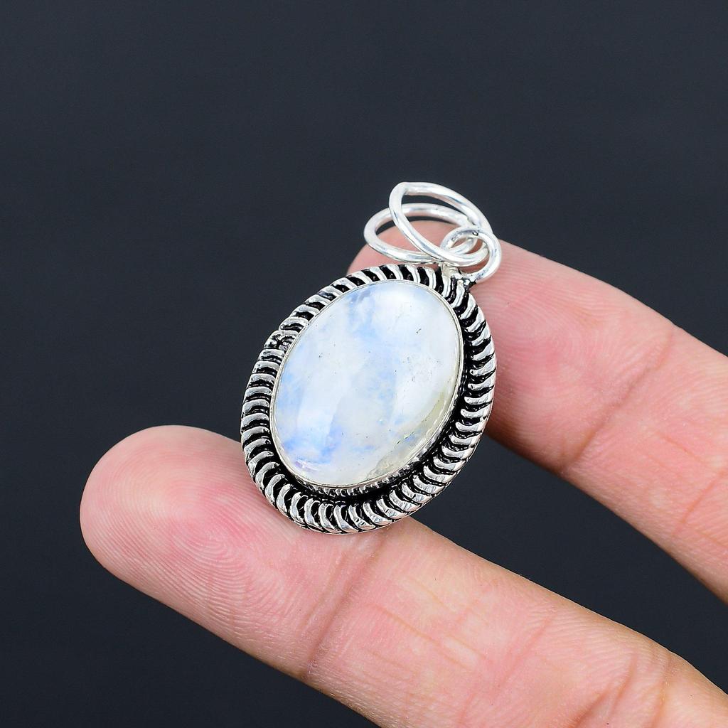 Daughters Day Sale Oval Rainbow Moonstone Gemstone 925 Silver Wife Bezel Pendant
