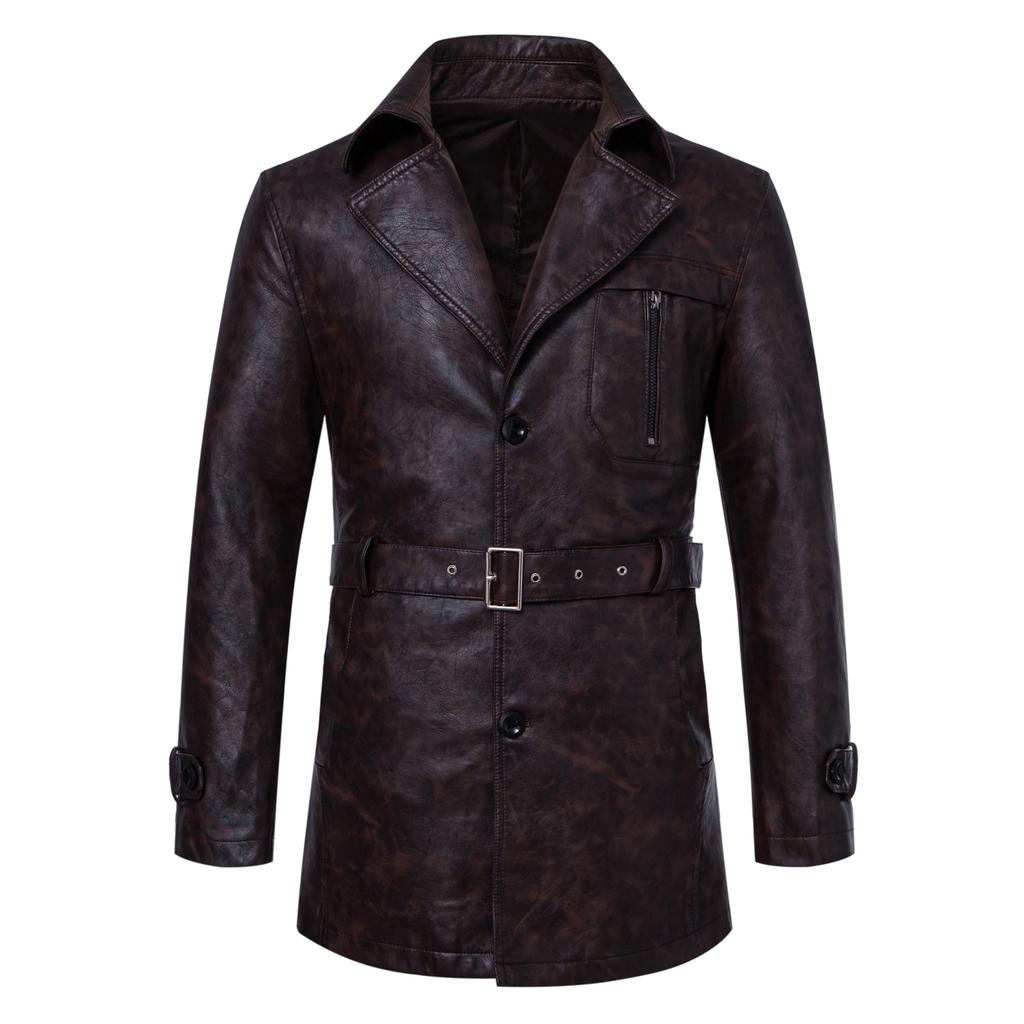 Men's medium and long leather trench coat Korean version suit collar leather jacket casual trend belt jacket men