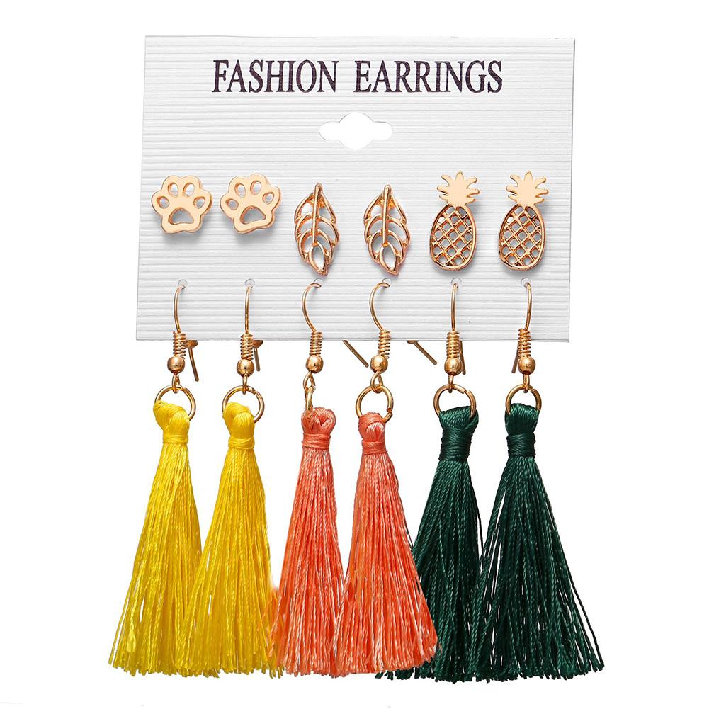 6 pairs Women Fashionable Bohemian Tassels Romantic Earrings Flower Pattern Earrings