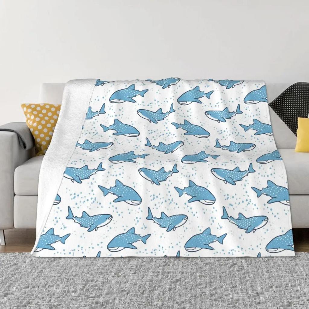 Manta polar con diseño de tiburones ballena estrellados, mantas de mar azul océano para cama, sofá, ropa de cama suave