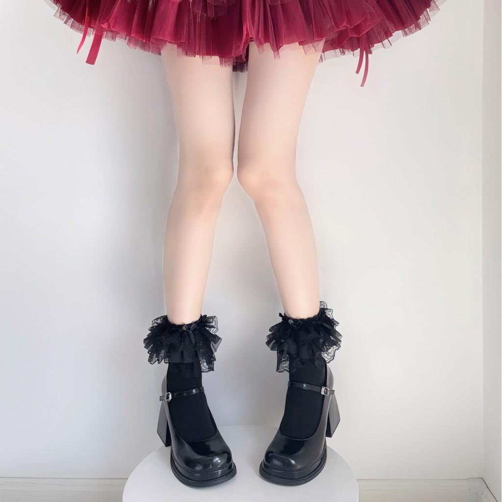 Lolita Cotton Socks With Lace Ruffle Bow For Girls Spring Casual Wear