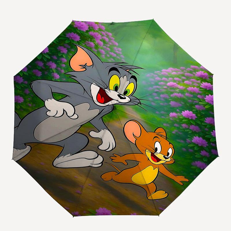 

1pc Tom and Jerry Automatic Folding Umbrella - Compact 8-Rib Design, Durable Plastic & Iron1406L