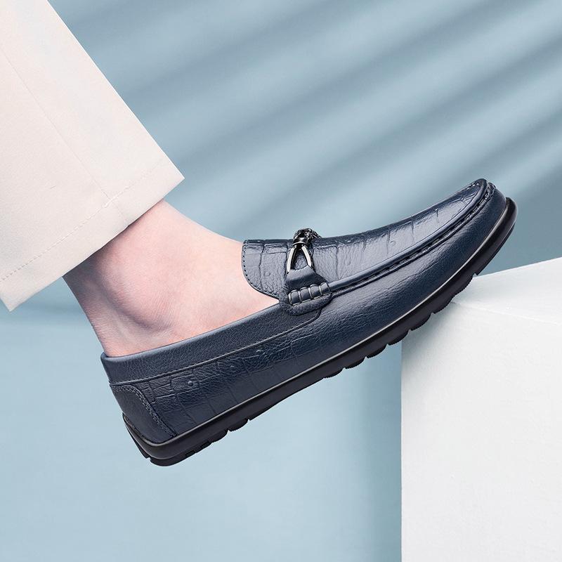 Men's Shoes Driving Shoes Spring Low-top Foot Cover Flat-bottom Fashion Embossed Plaid Cowhide Surface Large Size Single Shoes Leather Shoes