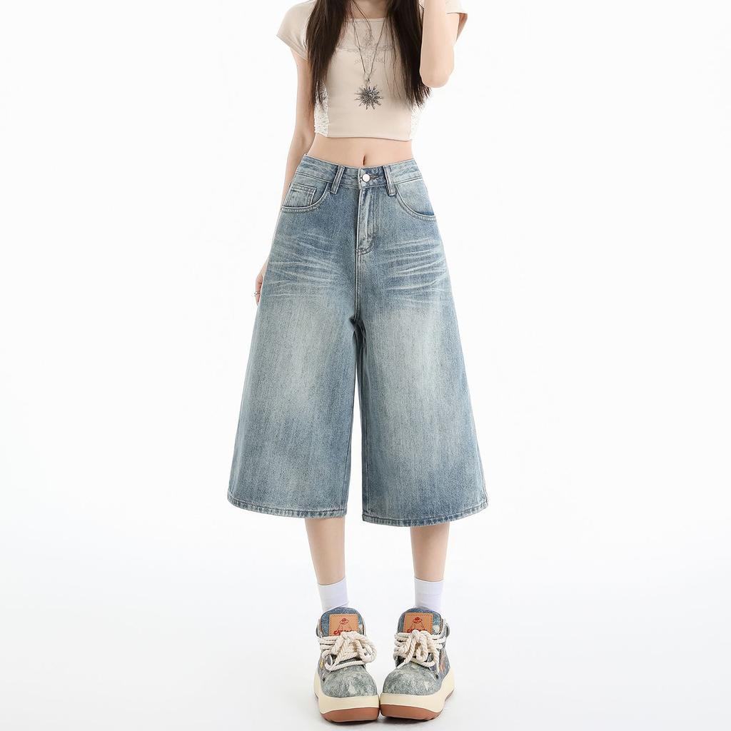 Trendy Summer Loose Fit Denim Cropped Capri Pants For Petite Women High Street Wide Leg Straight Versatile Slimming Daily Trousers
