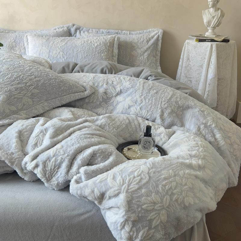 3D Three-Dimensional Thickened Rabbit Hair Carved Fleece Milk Fleece Four-Piece Single Quilt Cover