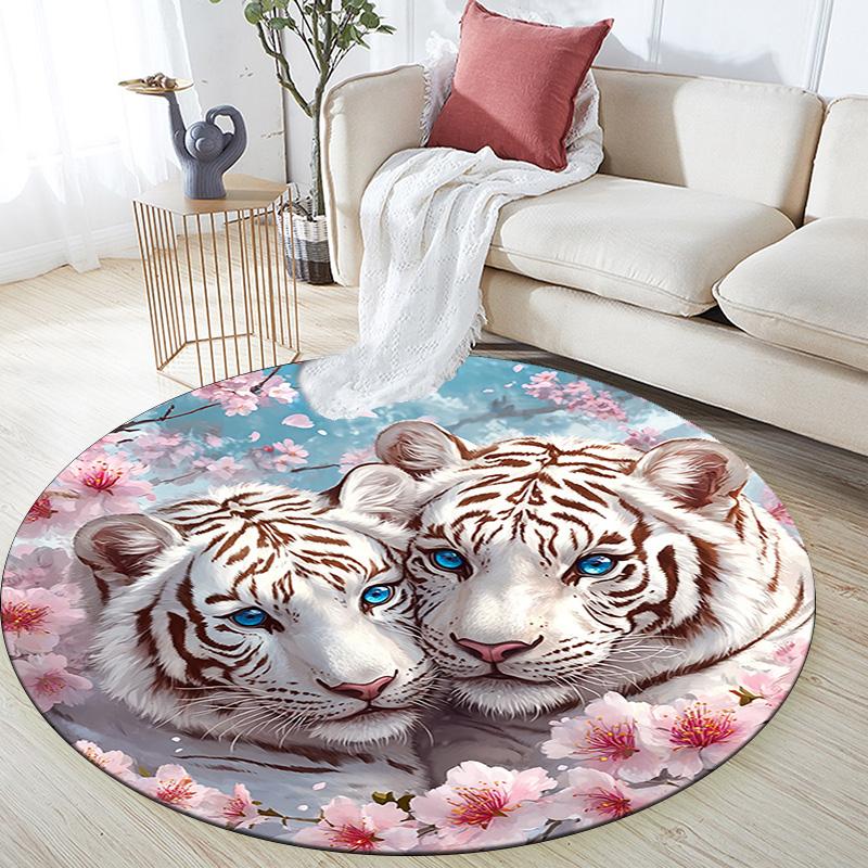 White Tiger Round Area Rug,Carpet Rug for Living Room Bedroom Sofa Playroom Decor,Non-slip Floor Mat