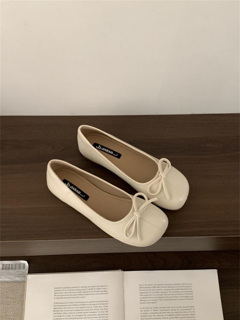 Retro soft-soled ladyshoes bow shallow mouth square head flat-soled single shoes women's shoes 2025 spring new ballet shoes