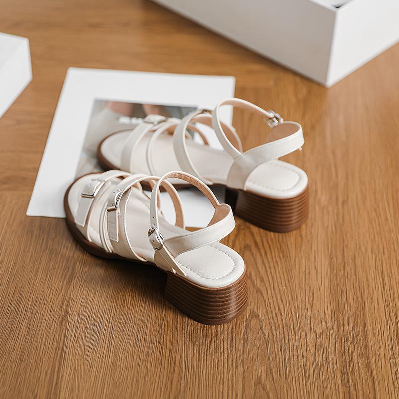 Retro Mid-heeled Sandals for Women's Summer New British Style with One-word Buckle Thick Heel Stepping On Shit Open-toed Roman Shoes for Women