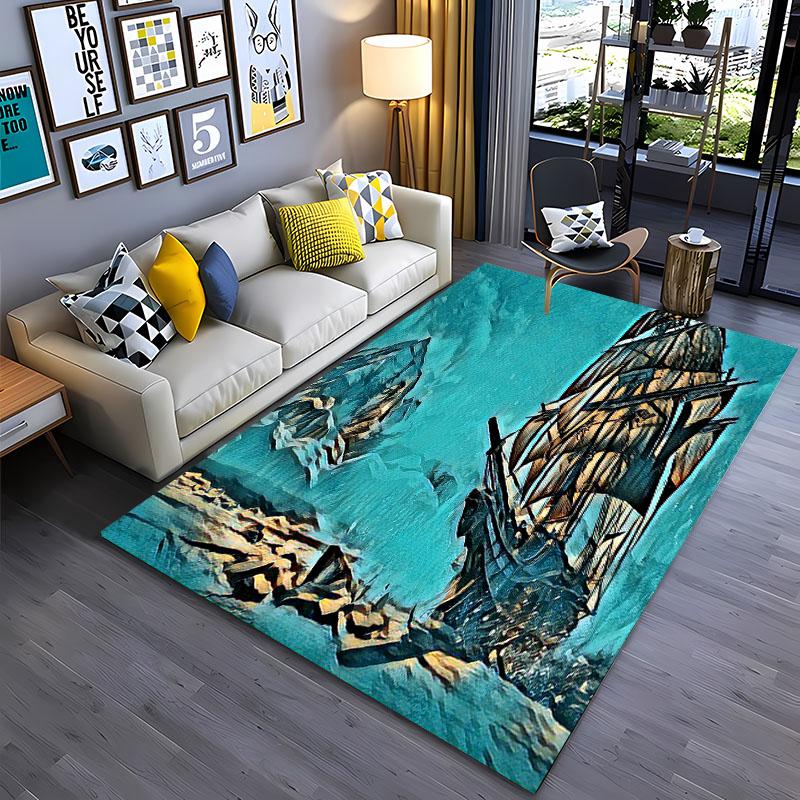 3D Pirate Ship Boat, Large Area Carpets for Home Living Room  Children's Bedroom Sofa Doormat Kitchen Floor Rugs Anti-slip Decor