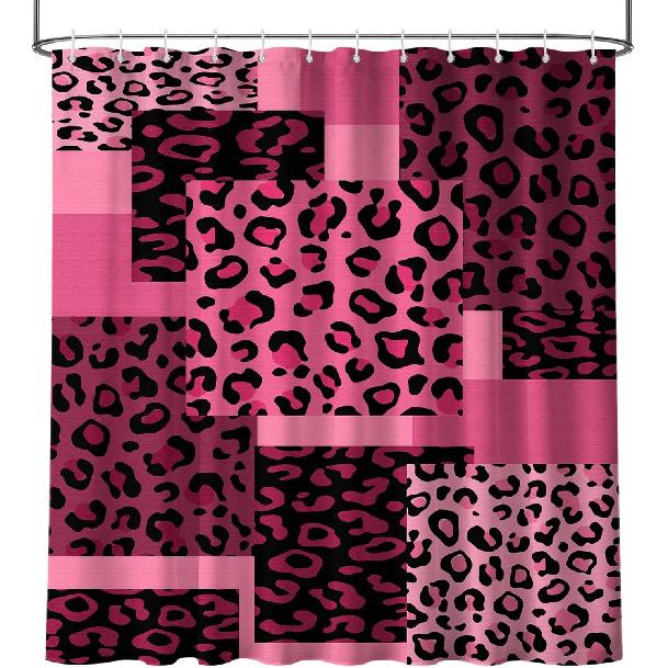 Dark Pink Leopard Shower Curtain Hot Pink Geometric Cheetah Print Shower Curta for Girls Bathroom Decor, Waterproof Fabric 70 x 72 inch with Hooks