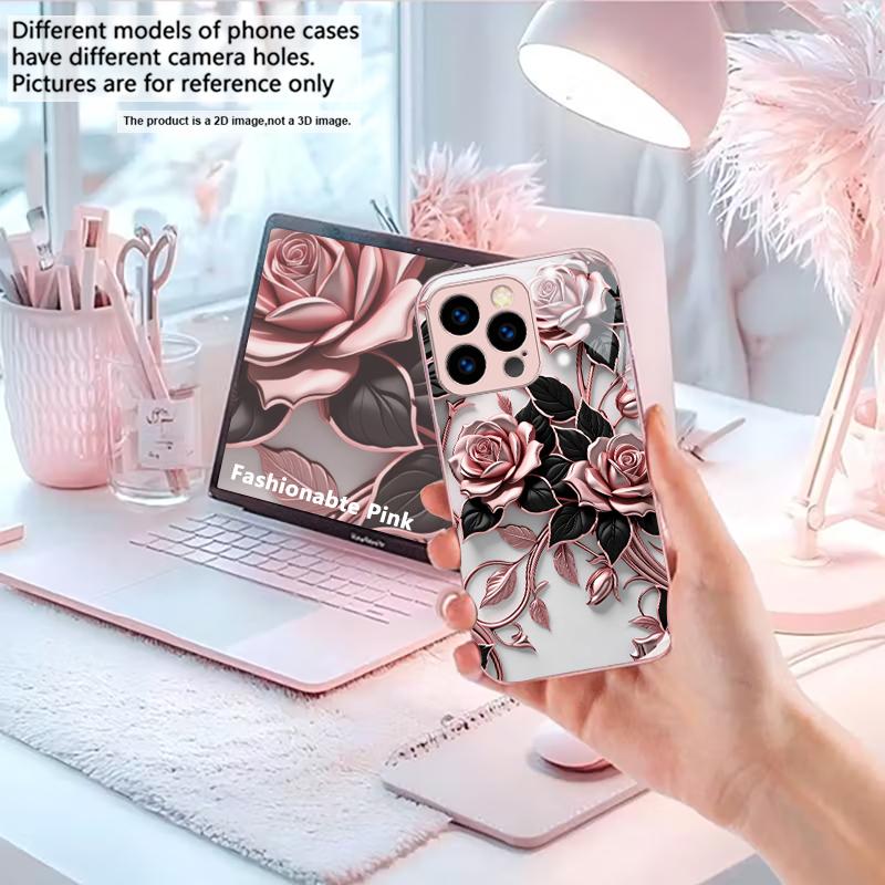 Black Metallic Floral Pink Metallic Glass Phone Case For iPhone 11 12 13 14 15 16 17 Pro Max Plus 17Air 16E 7 8 Xr XsMax X Cover