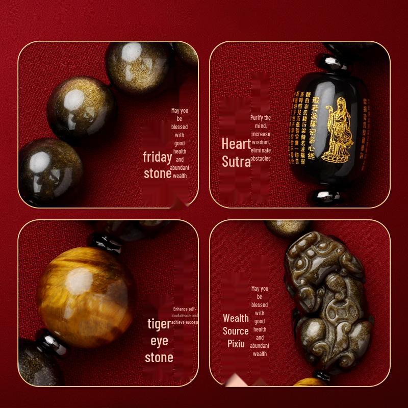 Pi Xiu Gold Obsidian & Tiger's Eye Bracelet with Heart Sutra - Year of the Snake Lucky Charm for Gifts