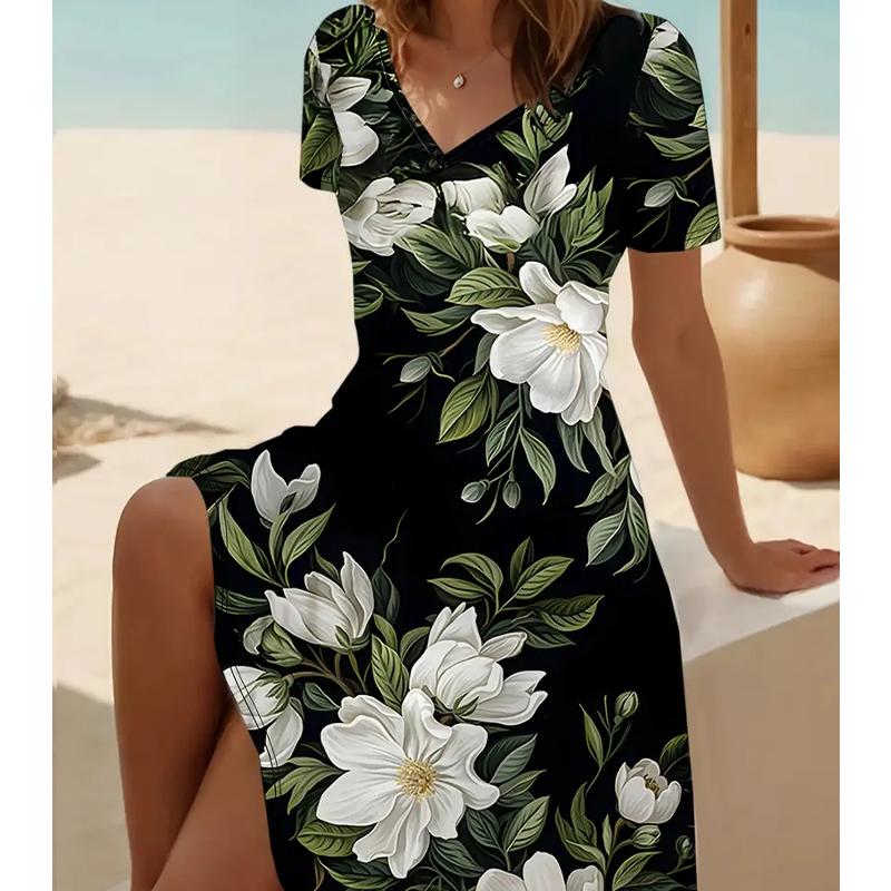 Letní módní dámské šaty s krátkým rukávem a výstřihem do V, krásné květinové tištěné šaty s krátkým rukávem a sexy sukní