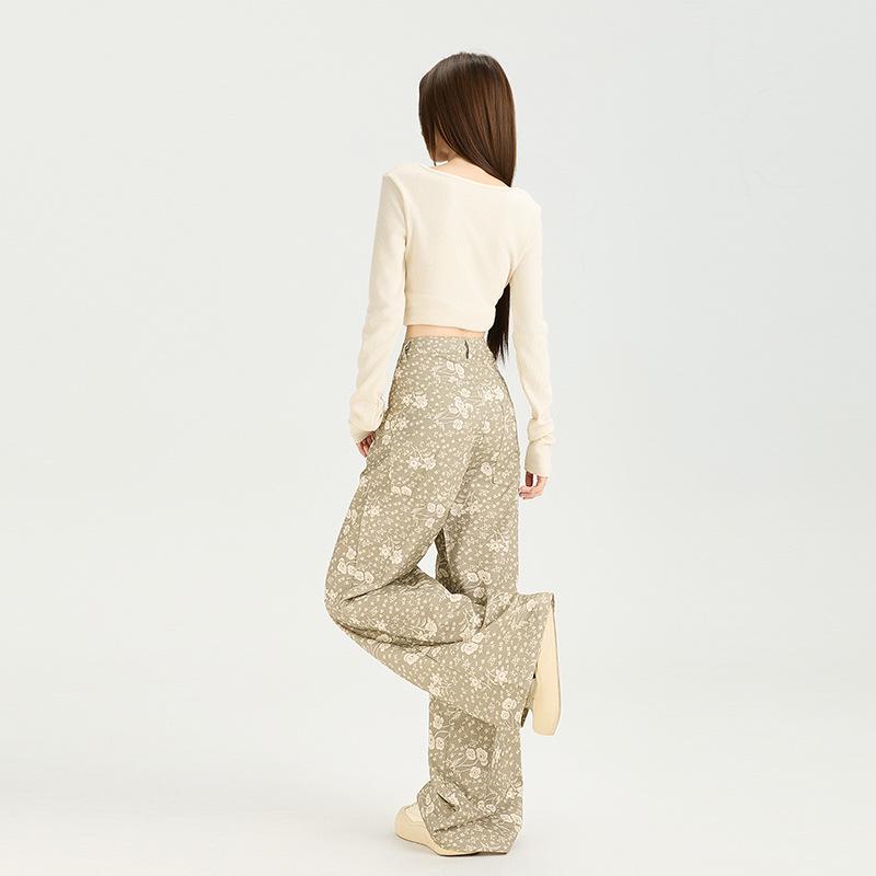 Women's 2025 Autumn Floral Wide-Leg Jeans - Loose, Draped, Lazy Style, Straight Leg