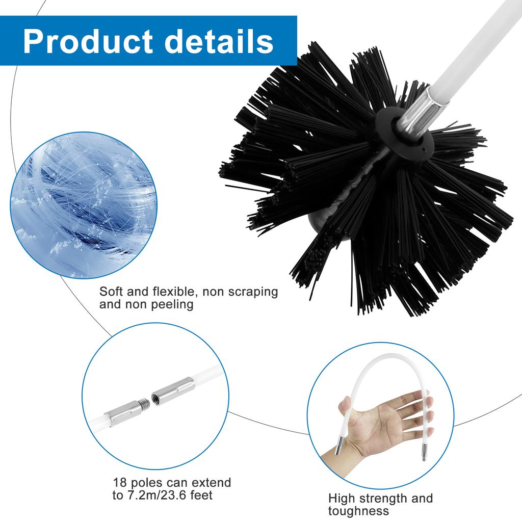 Chimney Cleaning Brush Set Extendable Long Handle Flexible Rod Vent Cleaner with 9/18Pcs Rods for Chimney Roof Cleaning Tools