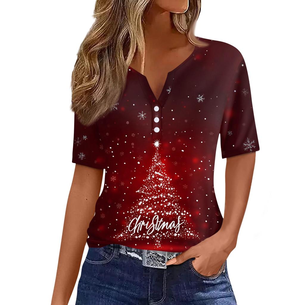 Women's T Shirt Christmas Print Button Short Sleeve Daily Weekend Fashion Basic V- Neck Regular Top