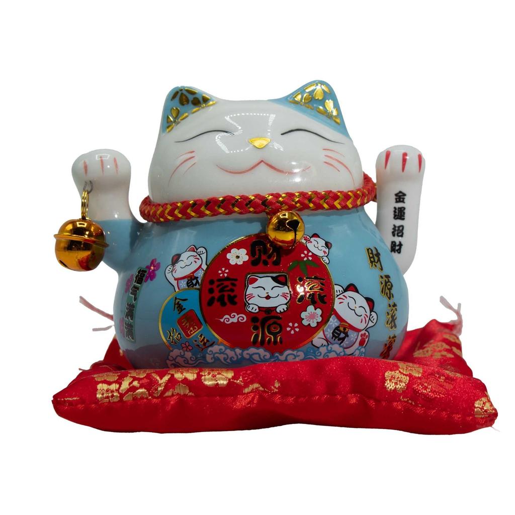 Ceramic Money Cat Moving Hand – Blue On Cushion