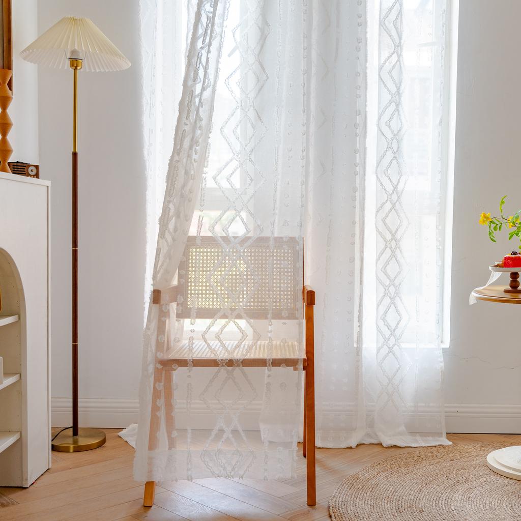 Finished Curtains Tufted Pure White Living Room Bay Window No Punching Through Rod Curtain Chic Gauze Curtain