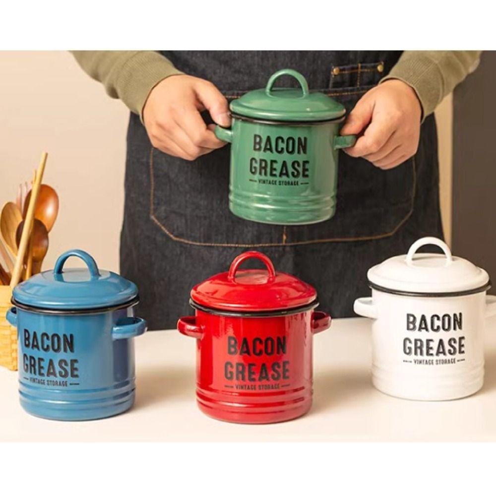New 2 Handles Bacon Grease Container Lid Large-capacity Enamelware Cup Mini Vintage Seasoning Storage Tank