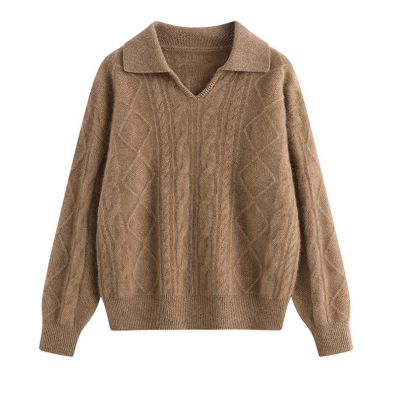 Women's Long Sleeve Three-Strand Twisted Cashmere Polo Sweater - Soft, Loose, Fashionable, and Skin-Friendly