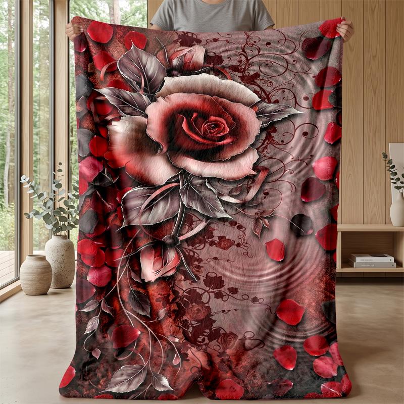 Elegant Rose Floral Design Theme Blanket Lightweight Warm Flannel Blanket Decorative Throw Blanket for Home Decoration