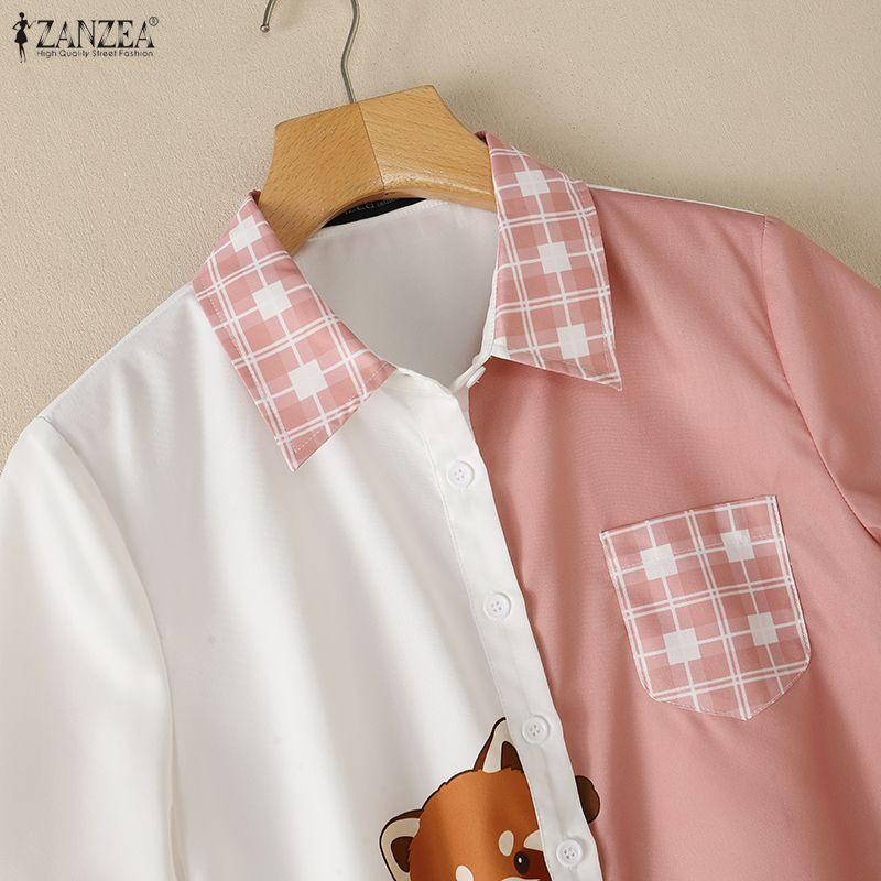 ZANZEA Women Casual Turn Down Collar Loose Short Sleeve Print Blouse