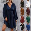 Fashion Summer Spring Solid Color Print Long Sleeve V-Neck Casual Dresses