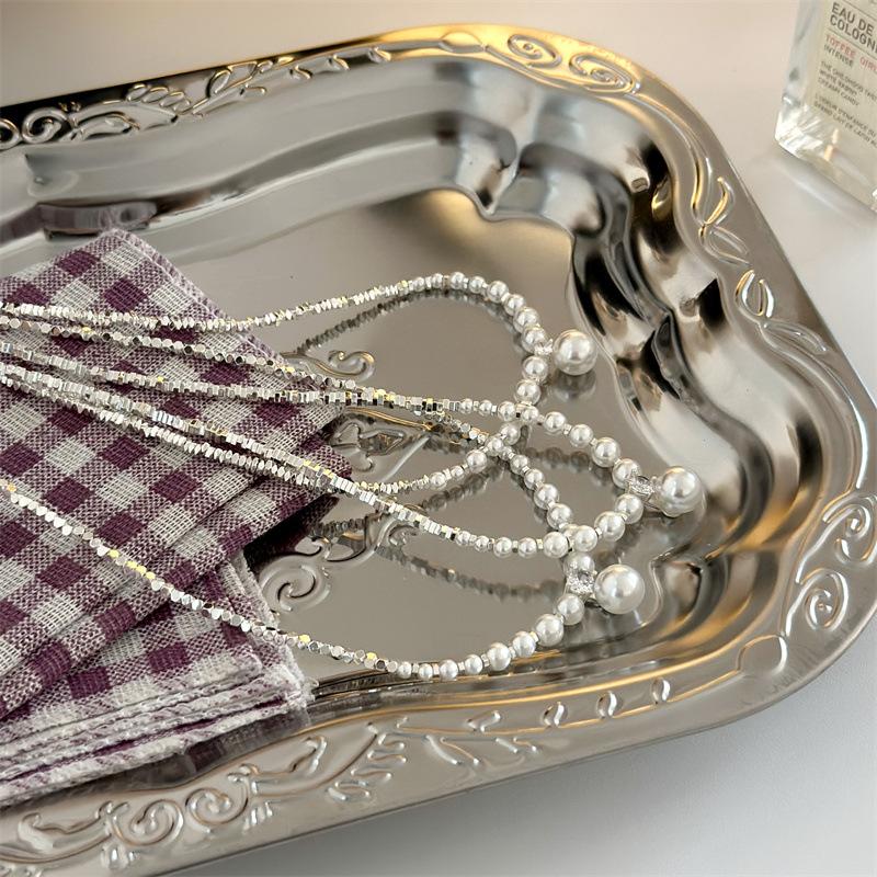 Luxury and Minimalist Design, Strong Light Pearl and Silver Chain Necklace. High-end, Gradient Square Pearl Necklace.