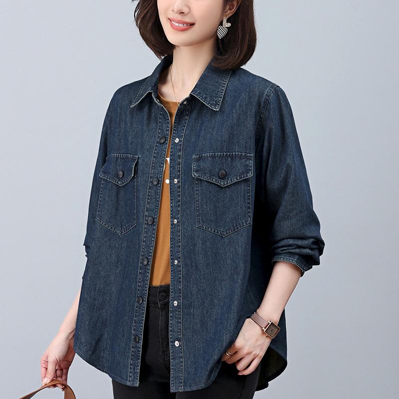 Women's European Style Denim Shirt Jacket, Spring/Autumn 2024, Plus Size, Loose Fit, Mid-Aged Mom Top.
