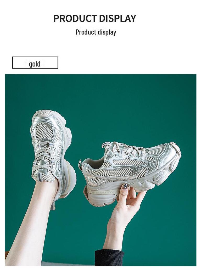 Women's 2024 Spring Fashion Height-Enhancing Breathable Mesh Dad Shoes: Versatile Soft-Soled Thick-Sole Casual Sports Footwear