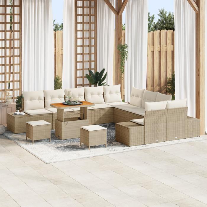 Ensemble de 13 pièces de canapés de jardin vidaXL avec coussins beige en rattan poly, Canapé 2 places de jardin vidaXL362846