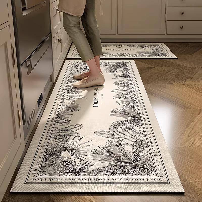 Kitchen Floor Mat Anti-Slip Oil-Proof Erasable Carpet Leather Pvc Waterproof Rug Beige Pattern Texture Home Decor Mats