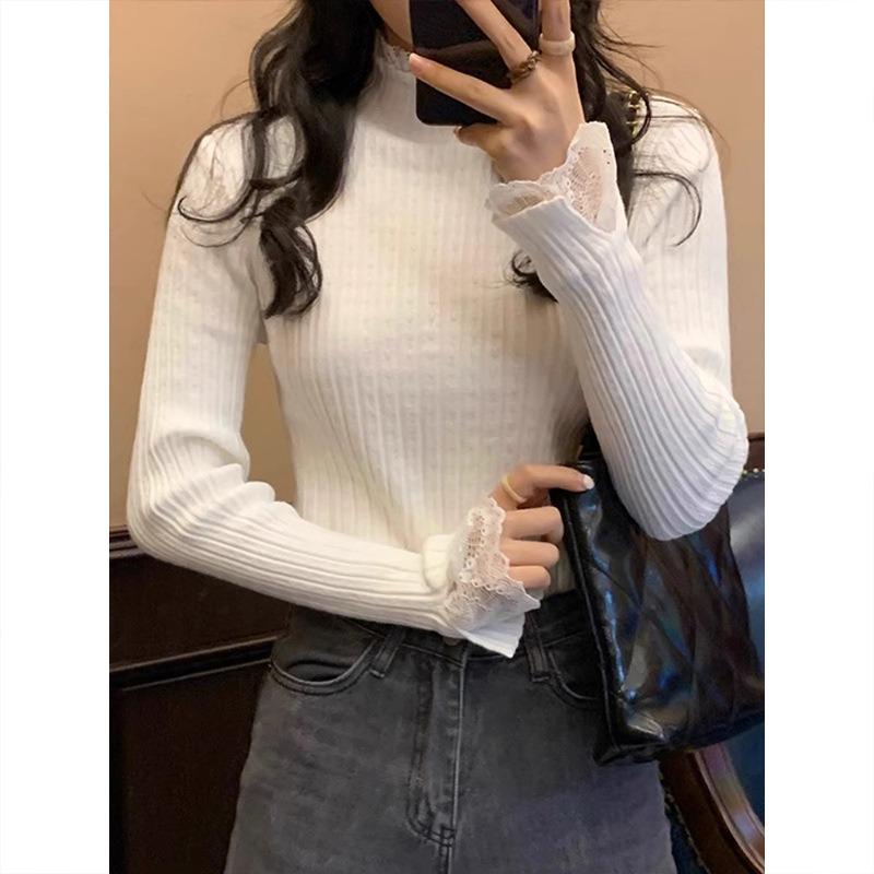 Semi-turtleneck lace splicing knitted top women's spring slim-fit temperament inner bottoming shirt soft waxy sweater