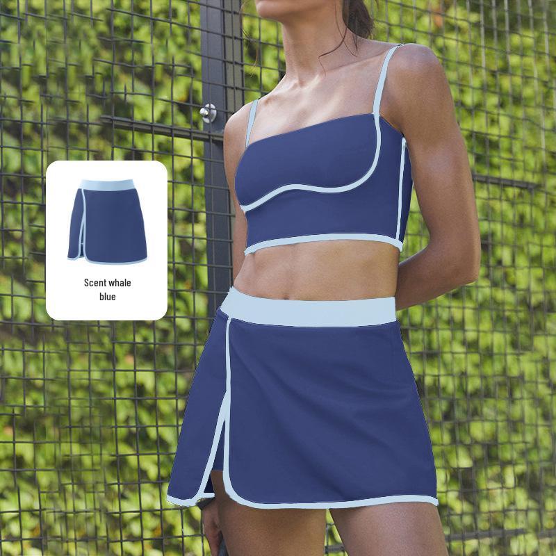 Women's Color Block Strap Skirt & Shorts Set – High Waist, Slimming Yoga Outfit with Contrast Design