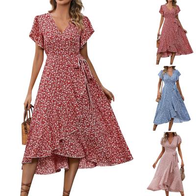 Vestidos de Mujer con Cuello en V, Cintura Ajustada y Manga Corta Floral