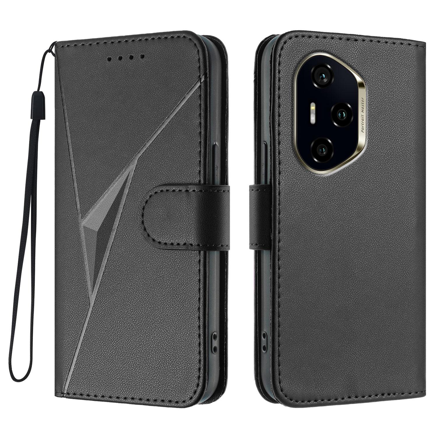 

For Honor 300 Ultra/Honor 300 Pro Case Triangle Imprint Leather Phone Cover with Lanyard Black