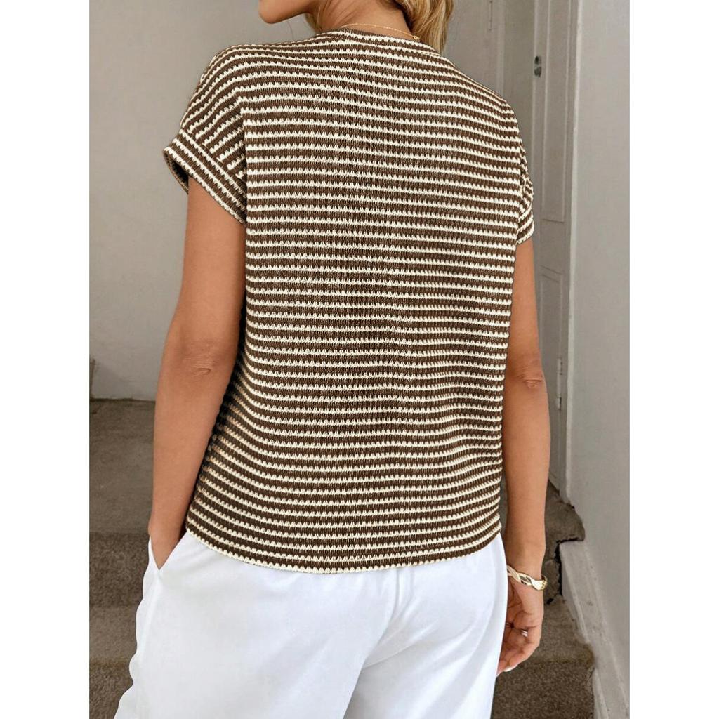 Sommer Damen Rundhals Pullover Zweifarbig Gestrickt Kurzarm Top, Grenzüberschreitend Lässiges Stricktop für Europa Amerika