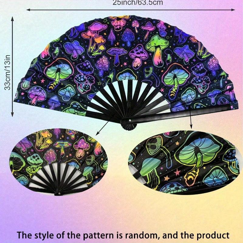 Glow Party Decorations Supplies.Mushrooms Folding Fan, Uv Glow Rave Fan Festival Fan, Silk Chinese & Japanese Palm Fan