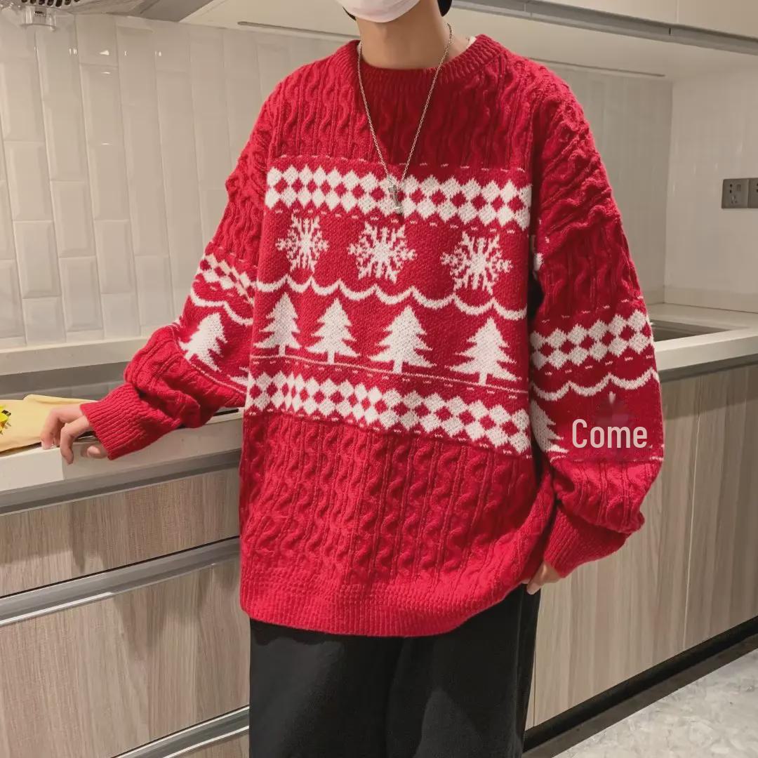 

Мужской японский ретро ромбовидный узор Twist красный рождественский свитер-пуловер - зимний ленивый стиль для пары