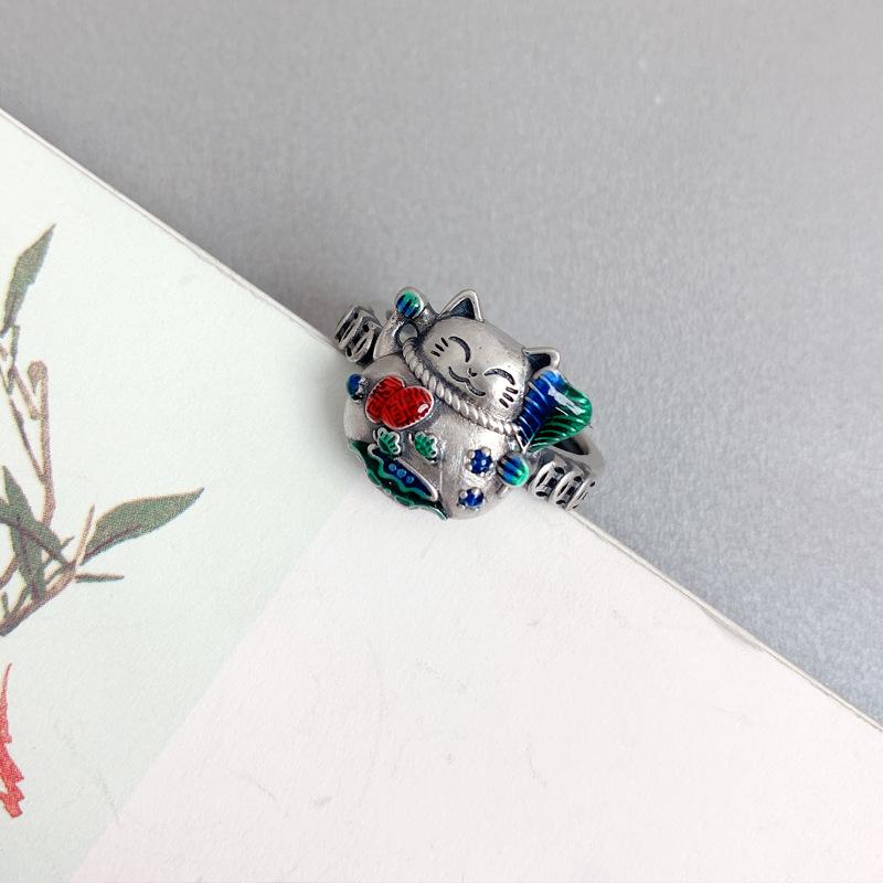 925 Sterling Silver Lucky Cat Ring Women's Retro Atmosphere Old Craftsmanship Simple Enamel Color Ring Index Finger with Jewelry