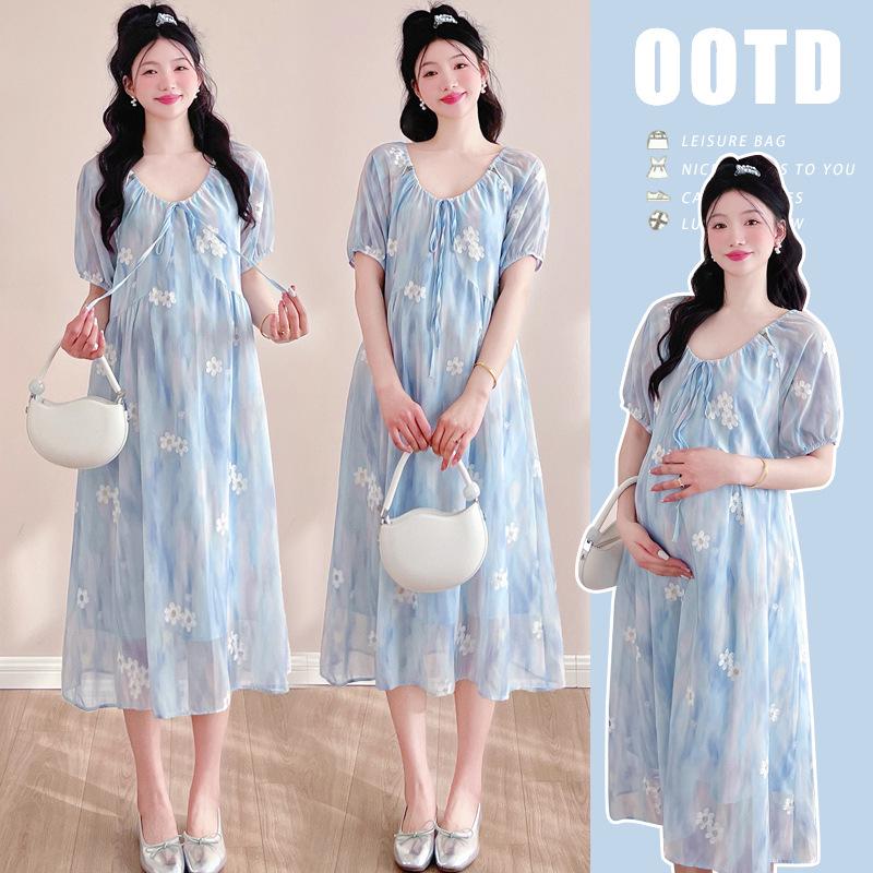 Maternity Embroidered Loose Long Dress - Trendy Fashion for Moms 2XL