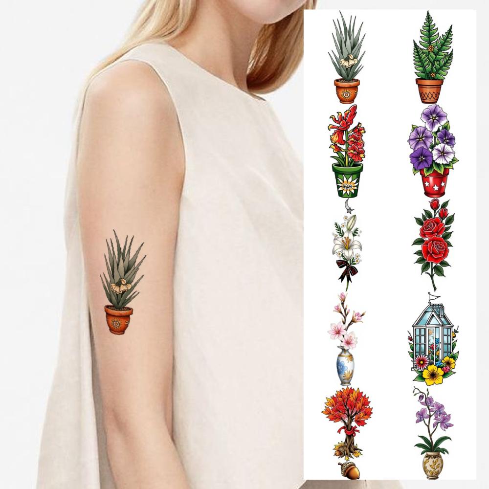 28pcs Temporary Tattoo Temporary Tattoo Stickers Potted Ferns Sunflower Vase White Lilies For Arms Women Chest