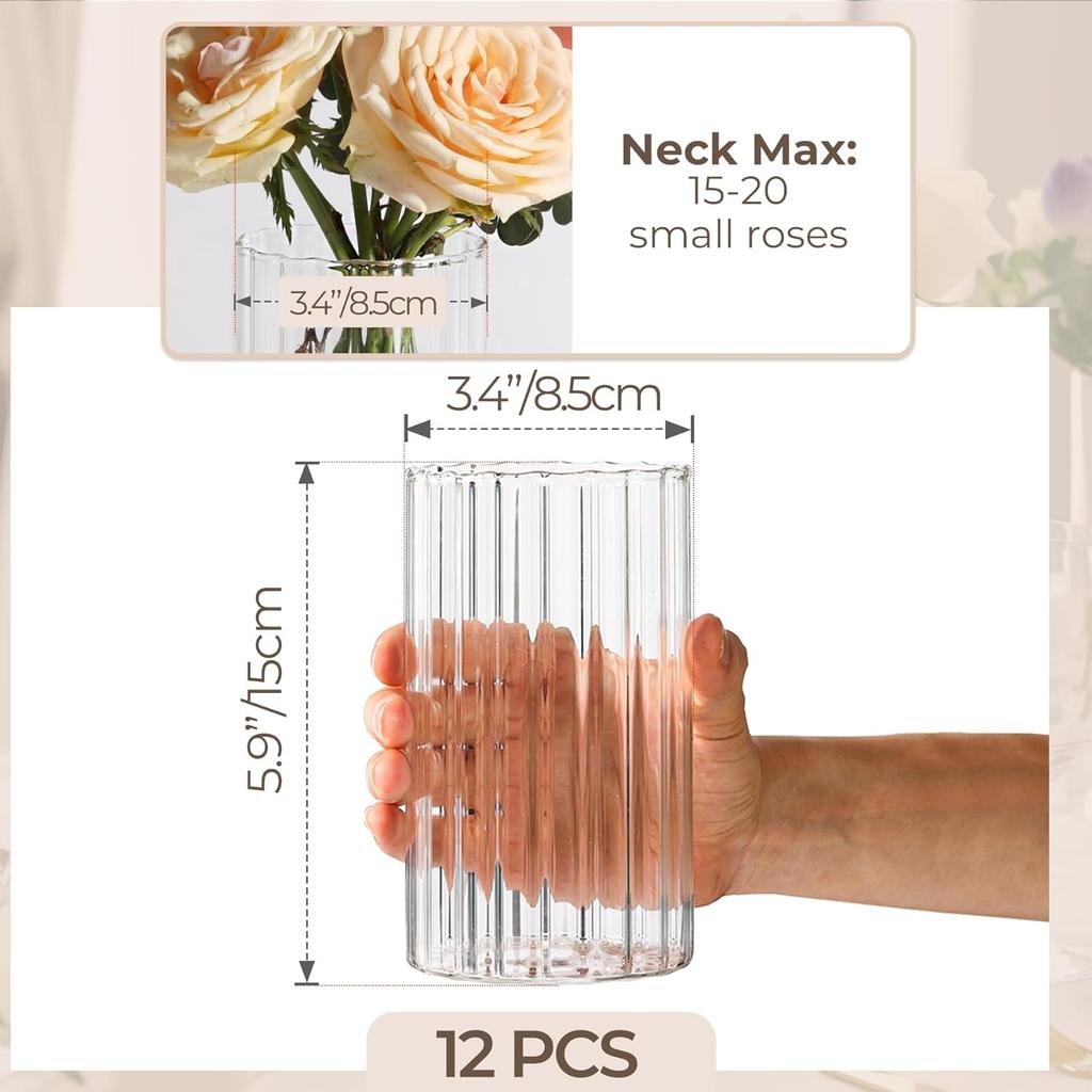 2PCS Clear Ribbed Bud Glass Cylinder Flower Vases for Centerpieces Weeding Decoration Hurricane Candle Holder for Party Home Decor